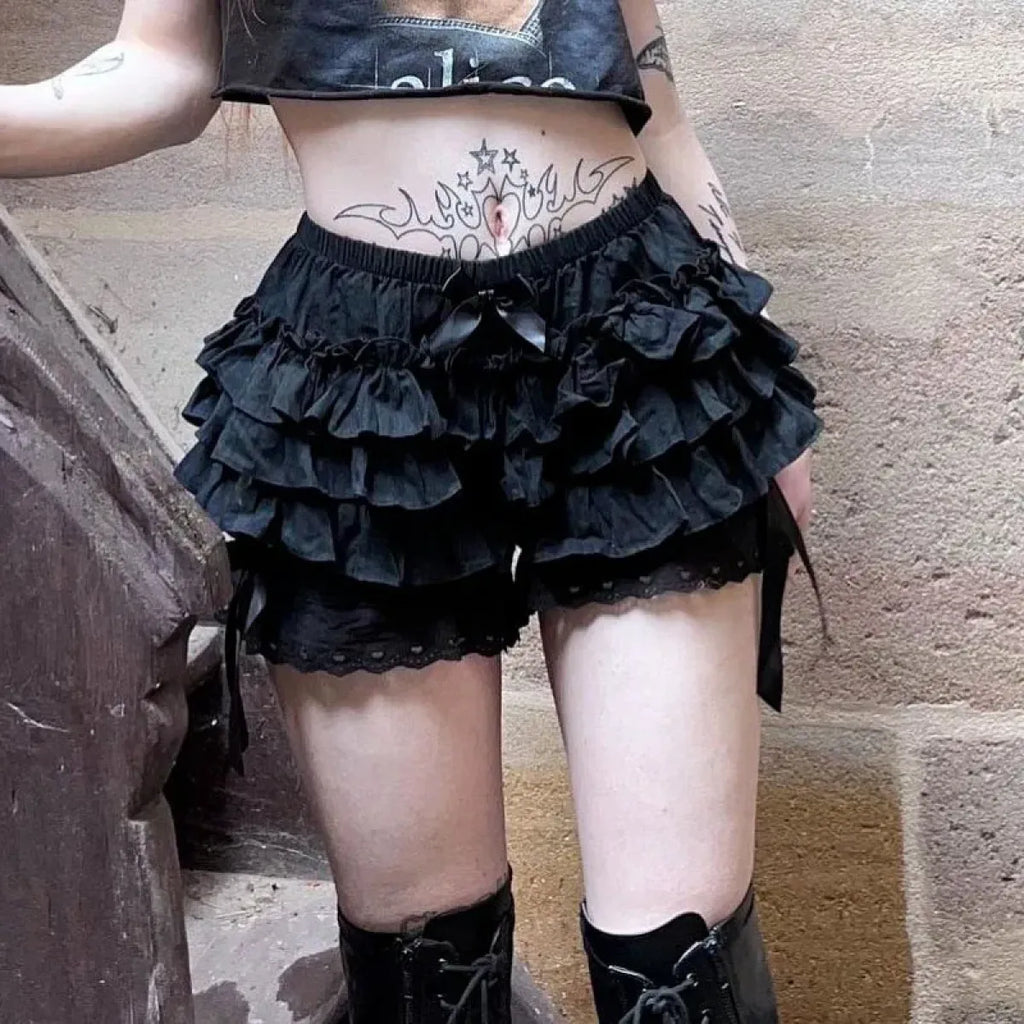 Gothic Lace Shorts - Sweet Bow Ruffle Bloomers - Shorts - 2