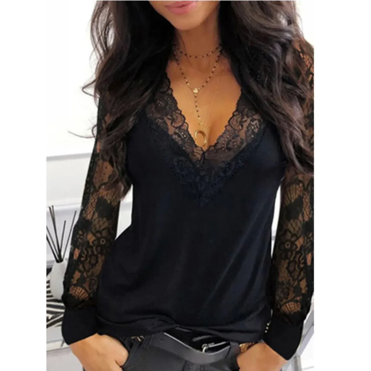 Gothic Lace V-Neck Blouse - T-Shirts - Blouses - 1