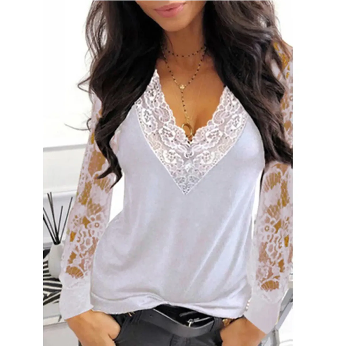 Gothic Lace V-Neck Blouse - T-Shirts - Blouses - 3