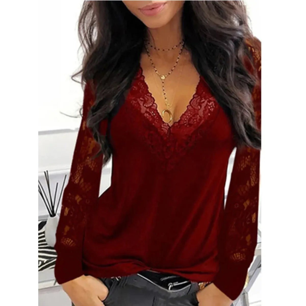 Gothic Lace V-Neck Blouse - T-Shirts - Blouses - 5