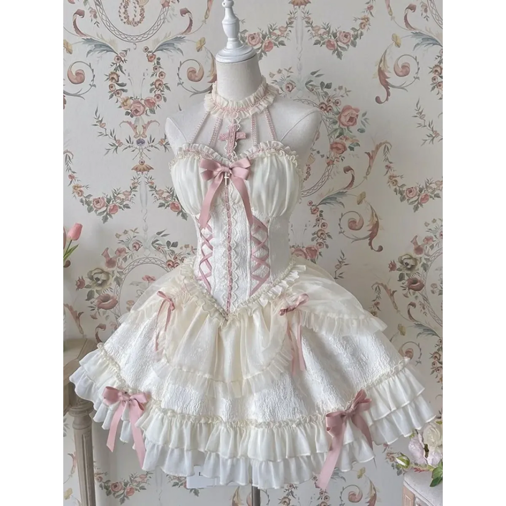 Harajuku Gothic Lolita Halter Dress – Off Shoulder Slim Waist Bow - All Dresses - Long - Halter - Lolita Dress - 5