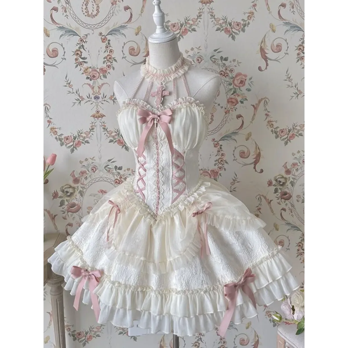 Harajuku Gothic Lolita Halter Dress – Off Shoulder Slim Waist Bow - All Dresses - Long - Halter - Lolita Dress - 5