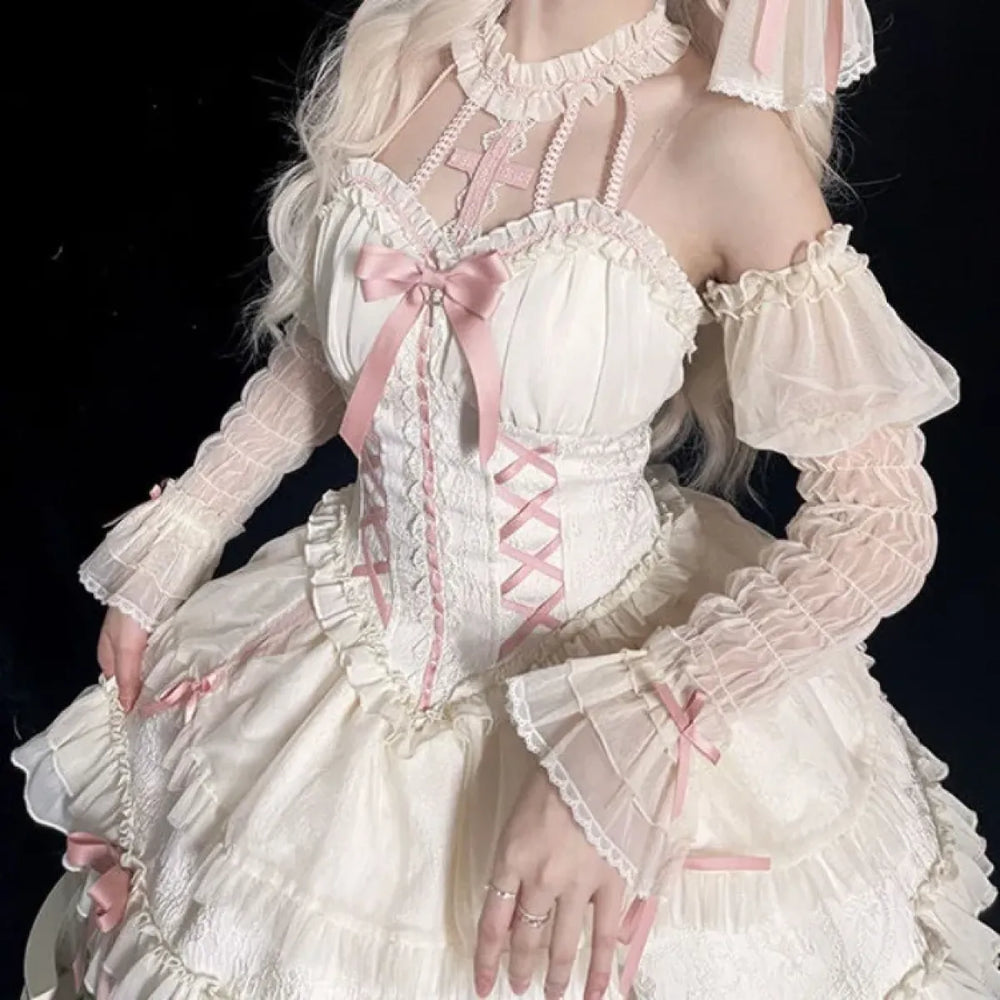 Harajuku Gothic Lolita Halter Dress – Off Shoulder Slim Waist Bow - All Dresses - Long - Halter - Lolita Dress - 1