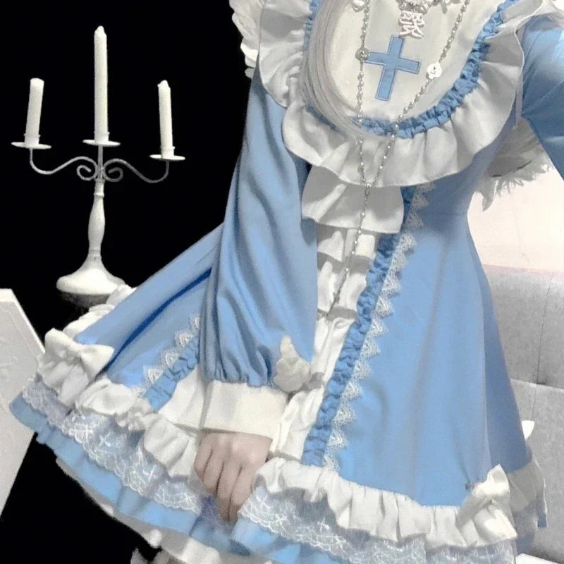 Gothic Lolita OP Dress - Kawaii Bow Ruffles Blue & White Patchwork - Blue / S - All Dresses - Dresses - 4 - 2024