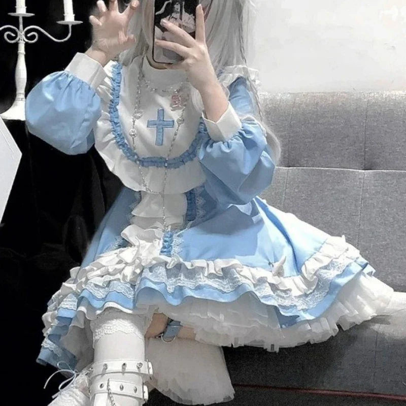 Gothic Lolita OP Dress - Kawaii Bow Ruffles Blue & White Patchwork - All Dresses - Dresses - 3 - 2024