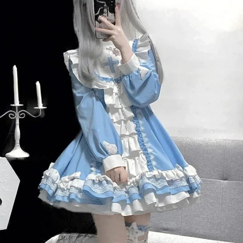 Gothic Lolita OP Dress - Kawaii Bow Ruffles Blue & White Patchwork - All Dresses - Dresses - 1 - 2024