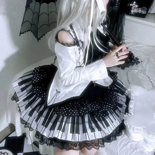 Piano Skirt – Gothic Lolita Polka Dot Lace - Bottoms - Skirts - 1