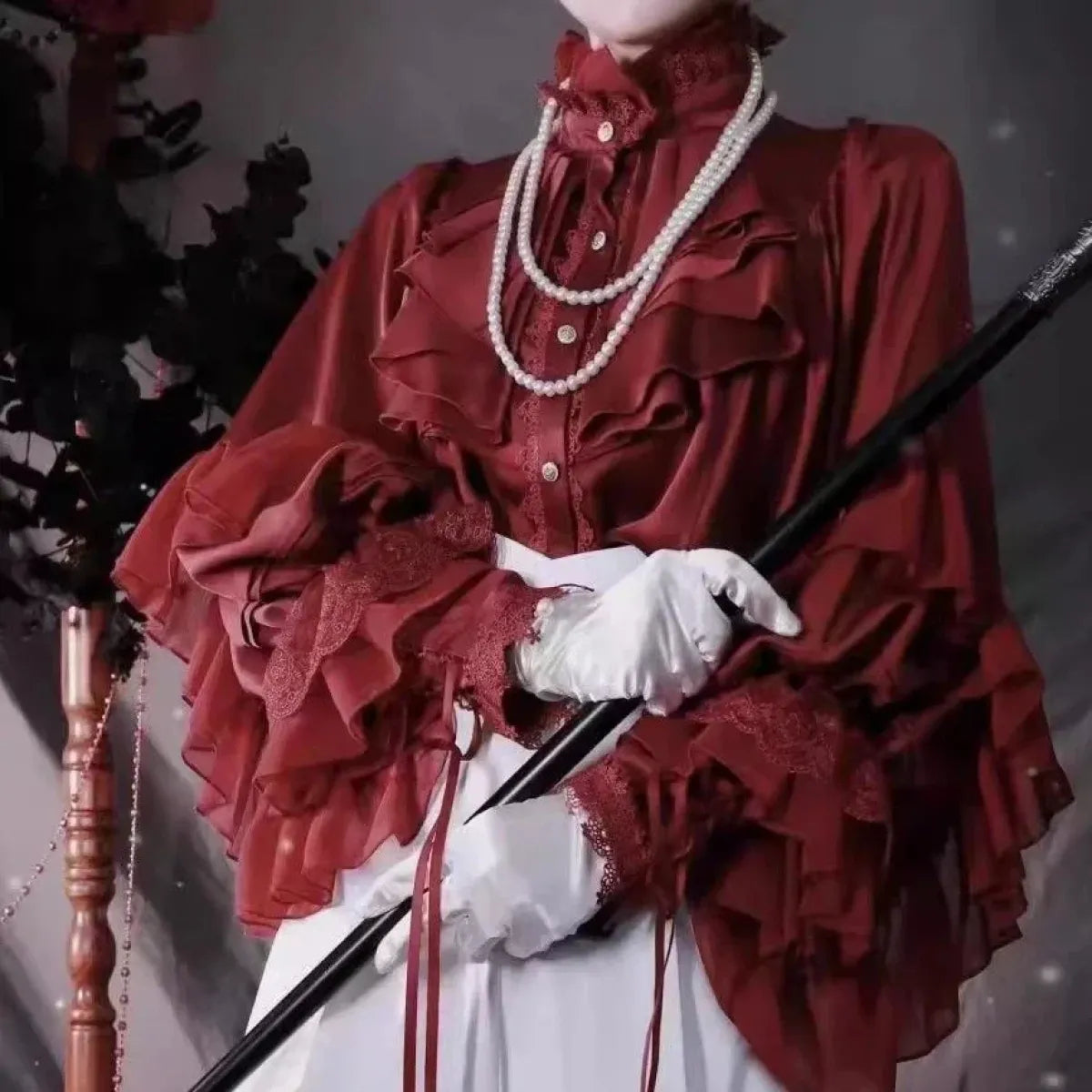 Gothic Lolita Ruffle Blouse – High Neck Lace Lantern Sleeves - Women’s Clothing & Accessories - Long - Shirt - Blouses