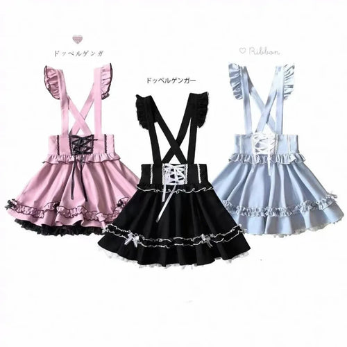 Gothic Lolita Suspender Skirt – Ruffle Lace Bow Mini Skirt - Bottoms - Short - V-neck - Skirts - 1