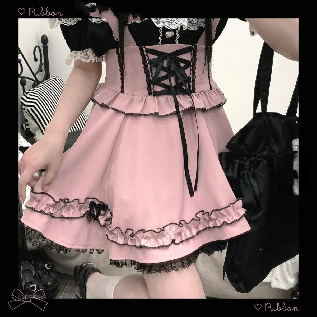 Gothic Lolita Suspender Skirt – Ruffle Lace Bow Mini Skirt - Bottoms - Short - V-neck - Skirts - 3