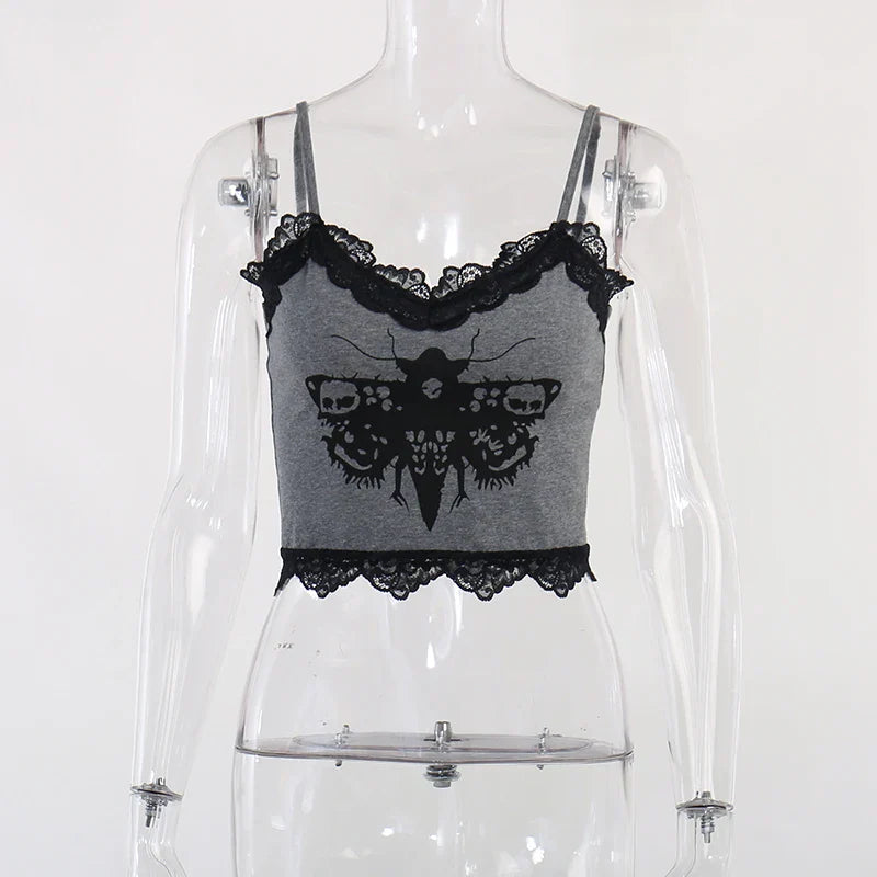 Gothic Moth Lace Cami – Dark Fantasy Cropped Tank with Lace Trim - Women’s Clothing & Accessories - Shirts & Tops