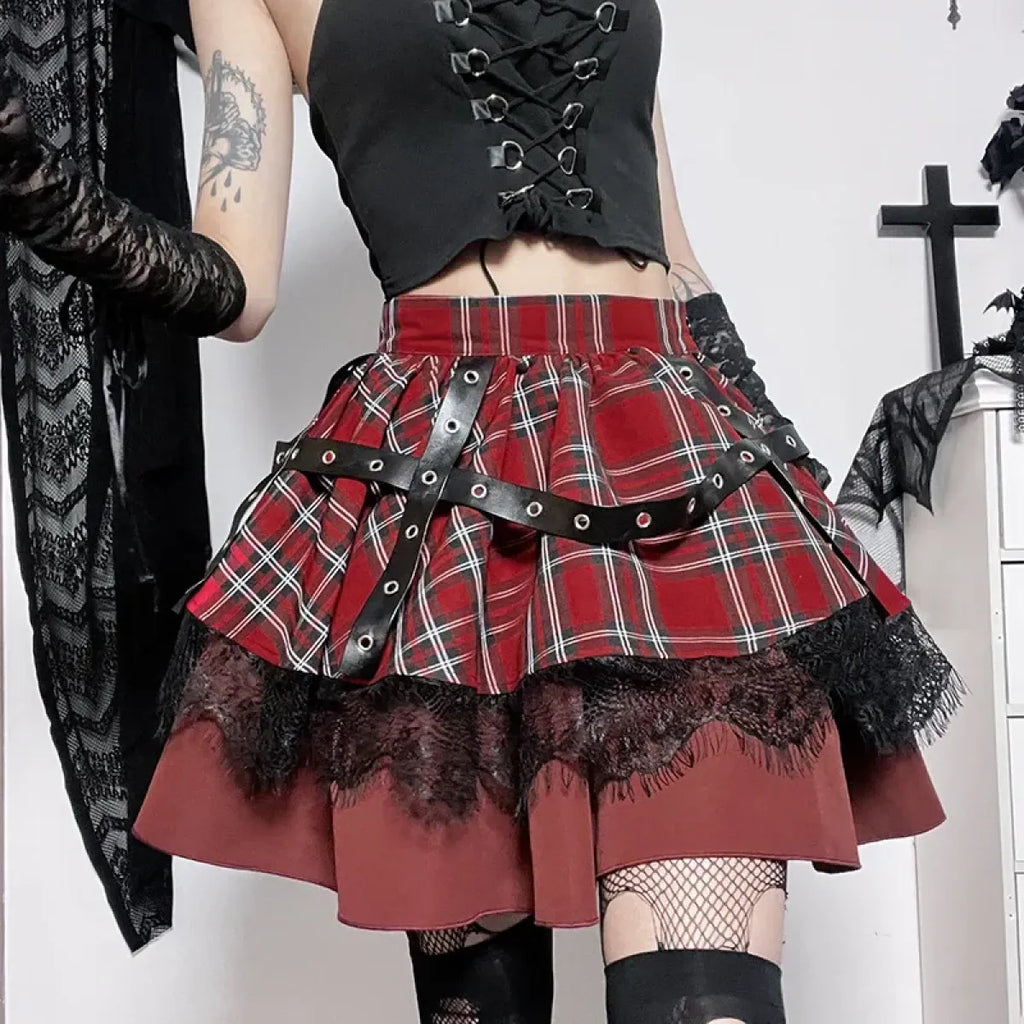 Gothic Plaid Punk Skirt – Harajuku Lace Layered Mini Skirt Cosplay - Bottoms - Skirts - 2