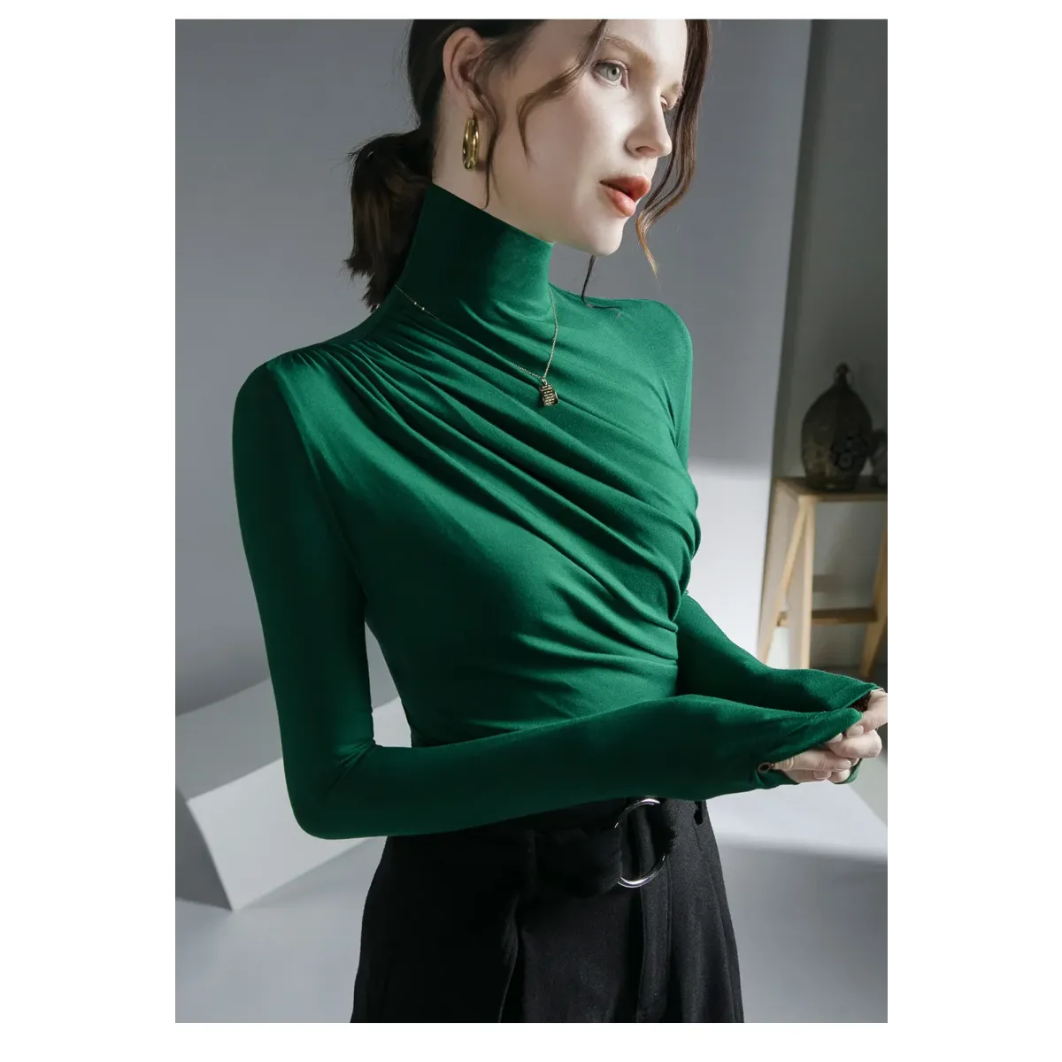 Gothic Pleated Turtleneck Top - Tops & Tees - Tops - 24