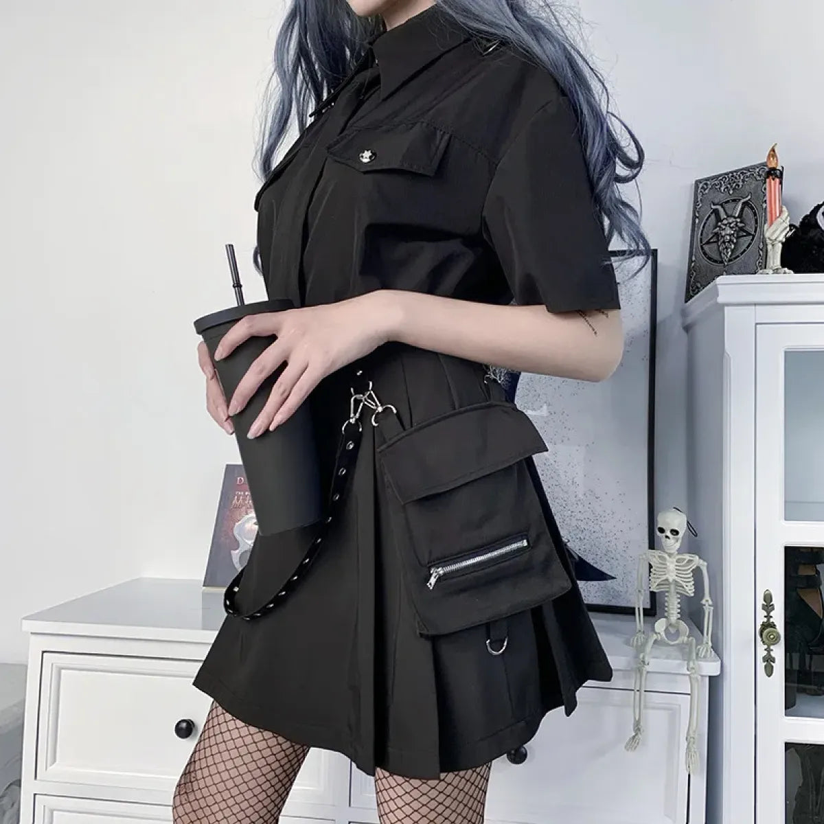 Gothic Punk High Waist Mini Skirt – Chain Straps & Utility Pockets - Bottoms - Skirts - 5