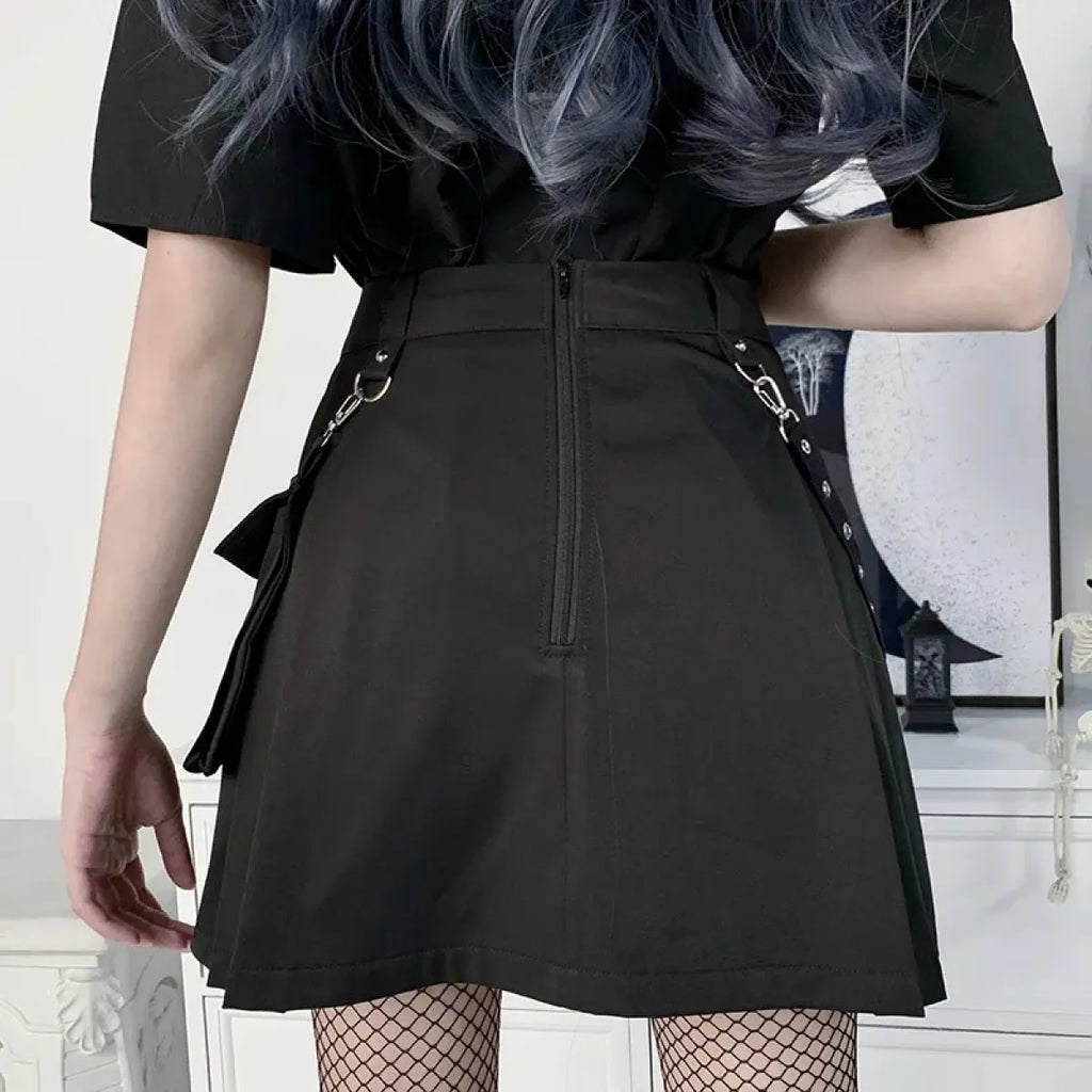 Gothic Punk High Waist Mini Skirt – Chain Straps & Utility Pockets - Bottoms - Skirts - 6