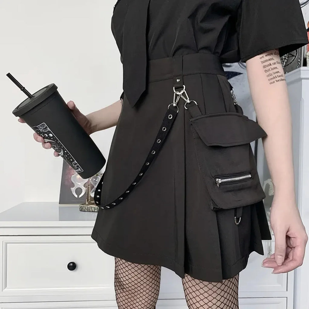 Gothic Punk High Waist Mini Skirt – Chain Straps & Utility Pockets - Bottoms - Skirts - 3