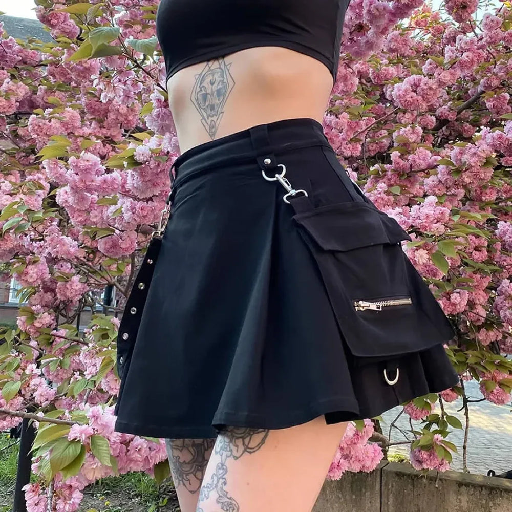 Gothic Punk High Waist Mini Skirt – Chain Straps & Utility Pockets - Bottoms - Skirts - 1