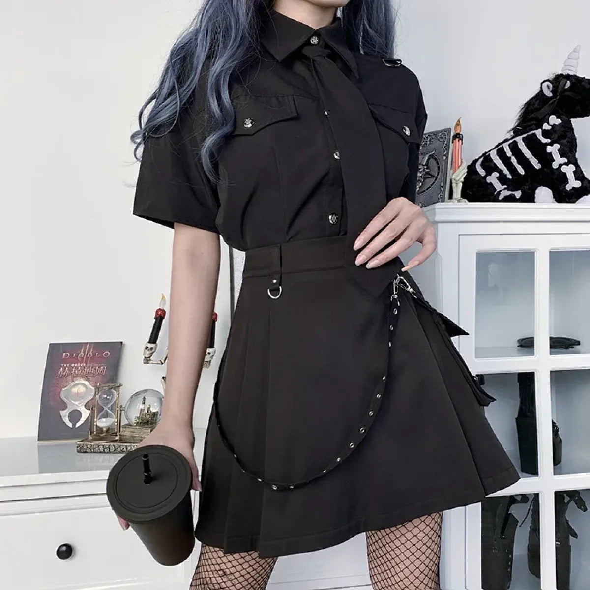 Gothic Punk High Waist Mini Skirt – Chain Straps & Utility Pockets - Bottoms - Skirts - 4