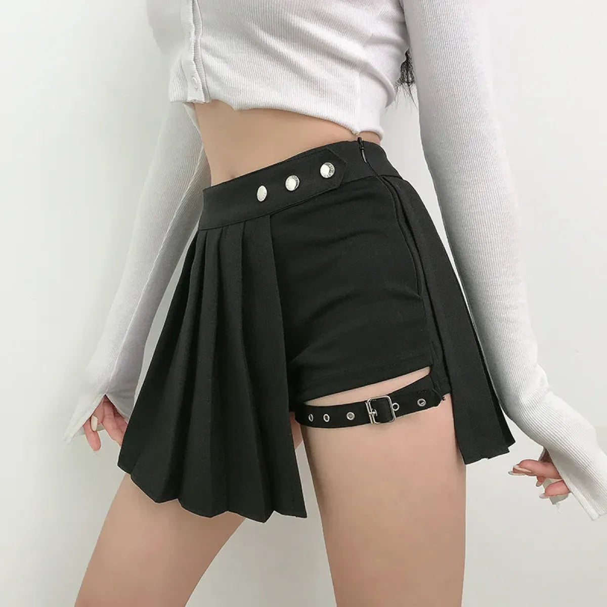 Gothic Punk Pleated Skort – Harajuku High Waist Buckle Mini Skirt Shorts - Bottoms - Skirts - 1