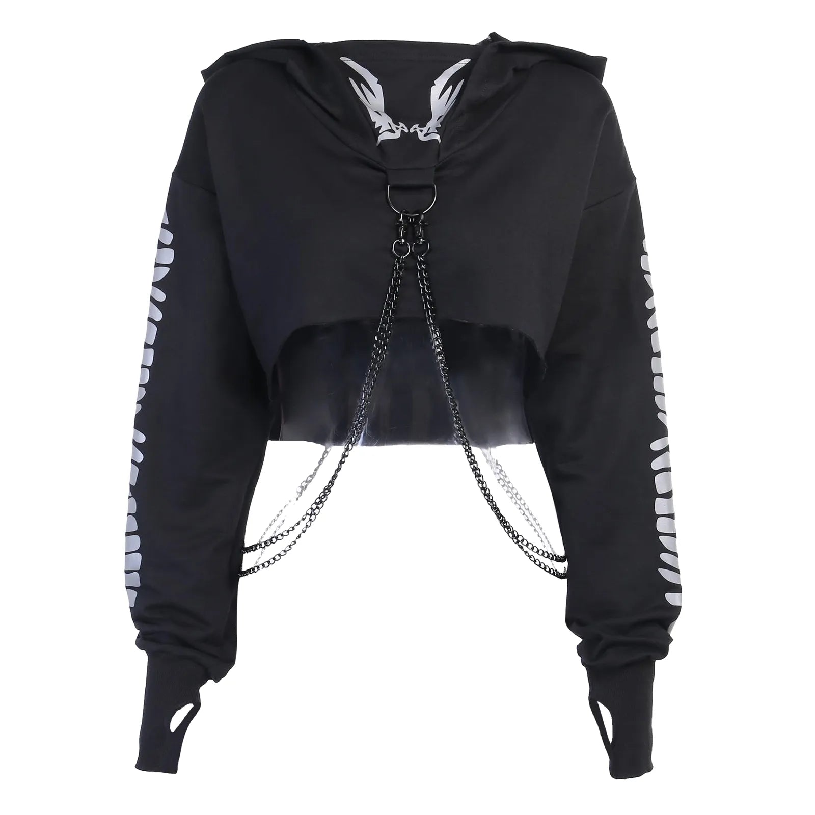 Gothic Reflective Print Crop Hoodie - Pullover with Detachable Chain - S / CHINA - Women’s Clothing & Accessories