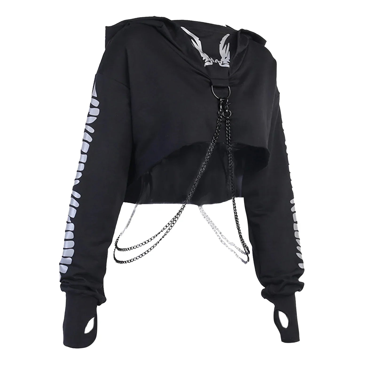 Gothic Reflective Print Crop Hoodie - Pullover with Detachable Chain - Women’s Clothing & Accessories - Shirts & Tops