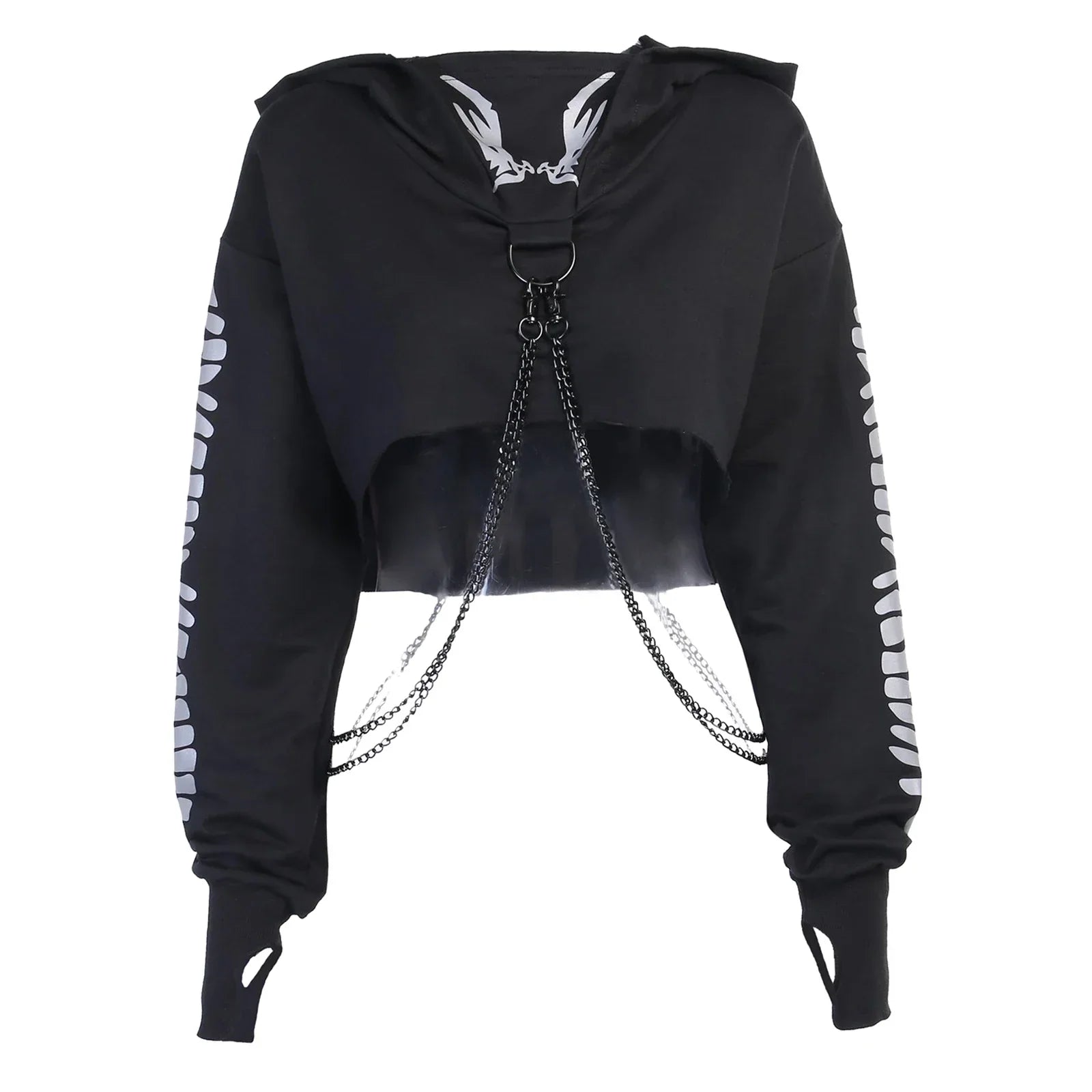 Gothic Reflective Print Crop Hoodie - Pullover with Detachable Chain - Women’s Clothing & Accessories - Shirts & Tops