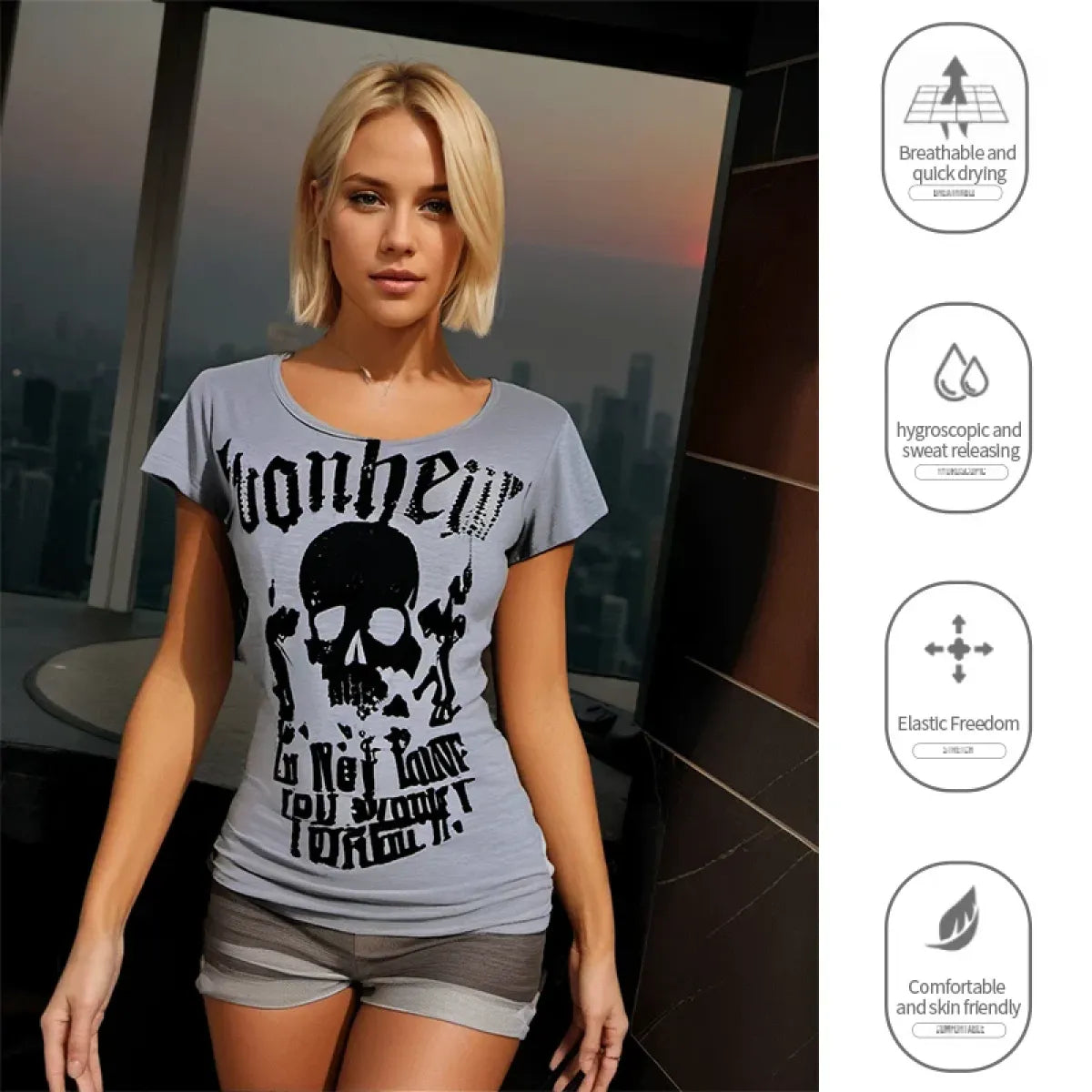 Gothic Punk Skull Print Tee – Y2K Vintage Slim Fit Top - T-Shirts - Short - Round - T-Shirts - 1