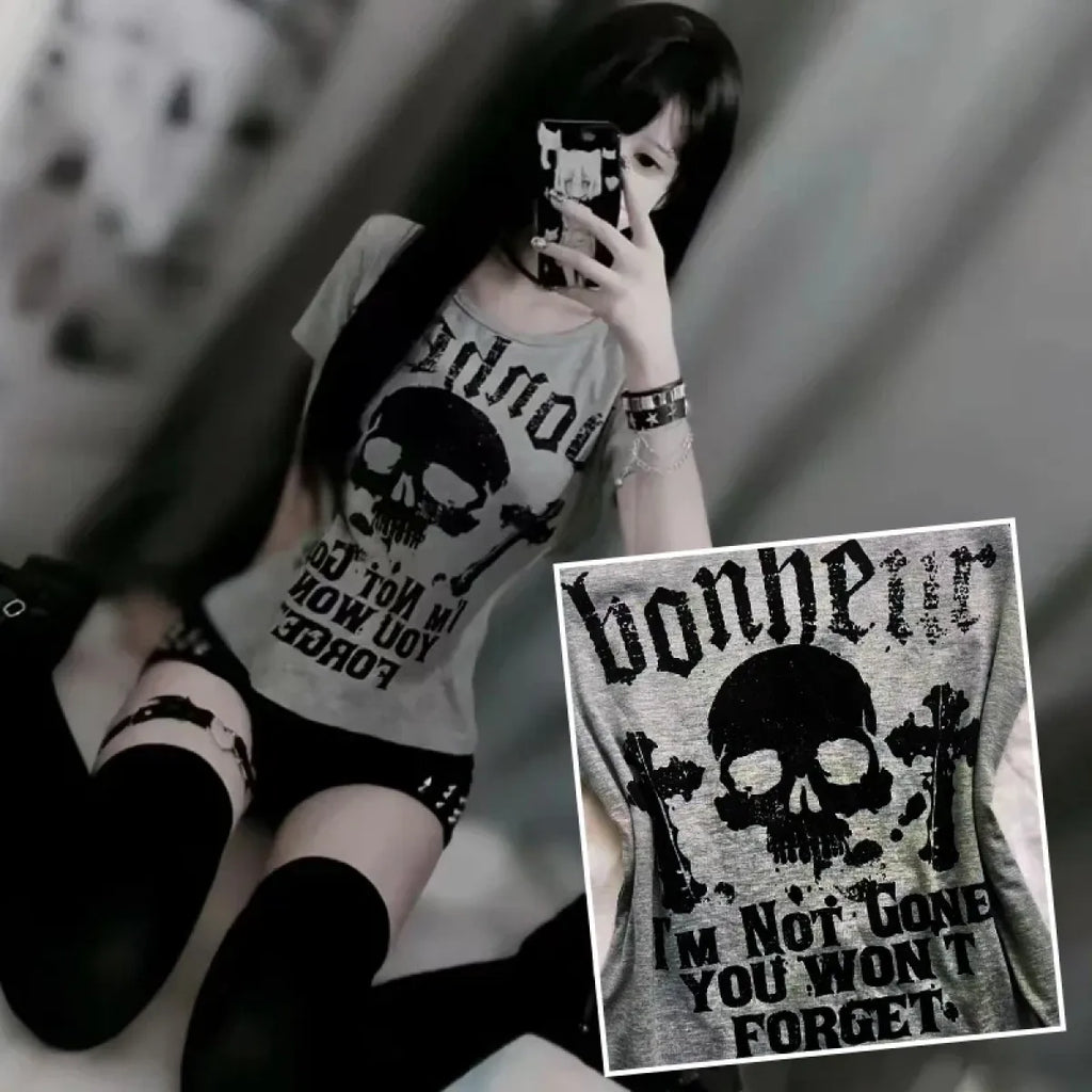 Gothic Punk Skull Print Tee – Y2K Vintage Slim Fit Top - T-Shirts - Short - Round - T-Shirts - 2