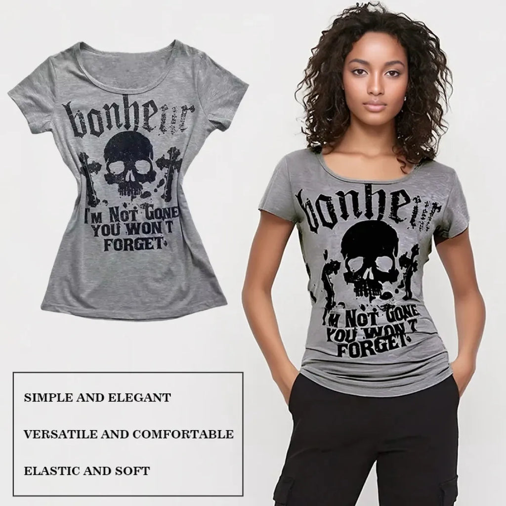 Gothic Punk Skull Print Tee – Y2K Vintage Slim Fit Top - T-Shirts - Short - Round - T-Shirts - 4