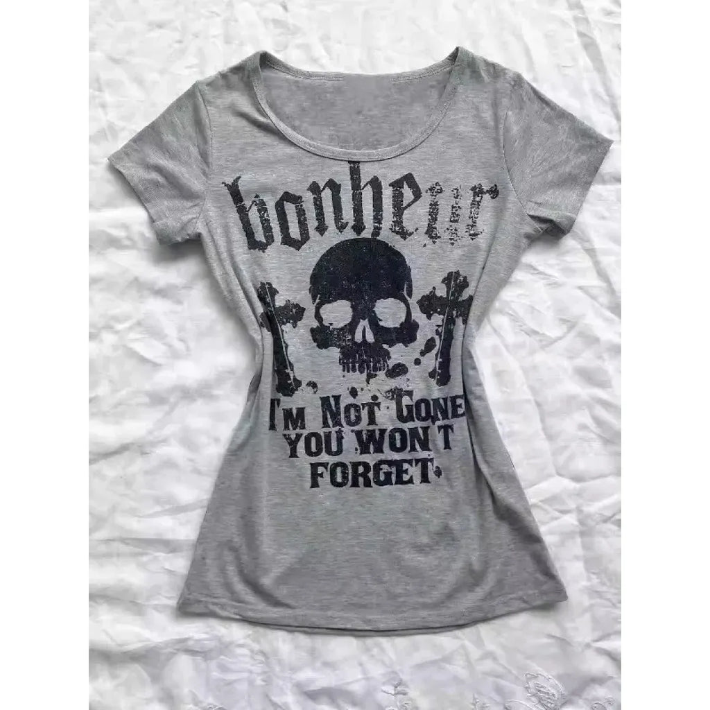 Gothic Punk Skull Print Tee – Y2K Vintage Slim Fit Top - T-Shirts - Short - Round - T-Shirts - 6