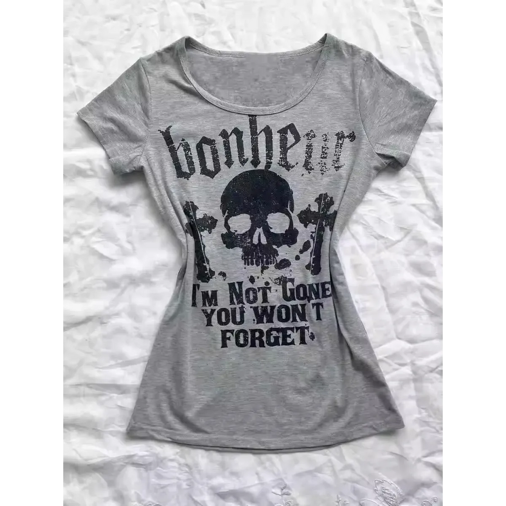 Gothic Punk Skull Print Tee – Y2K Vintage Slim Fit Top - T-Shirts - Short - Round - T-Shirts - 8