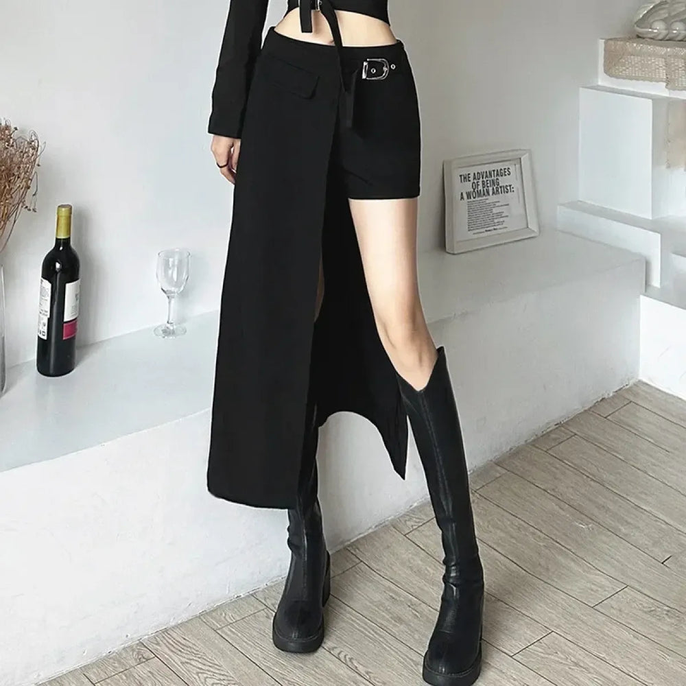 Gothic Techwear Mini Skirt – Irregular Hem Buckle Detail High Waist - Bottoms - Skirts - 1