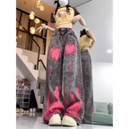 Graffiti Pink Wash Wide Leg Street Jeans - Bottoms - Jeans - 1