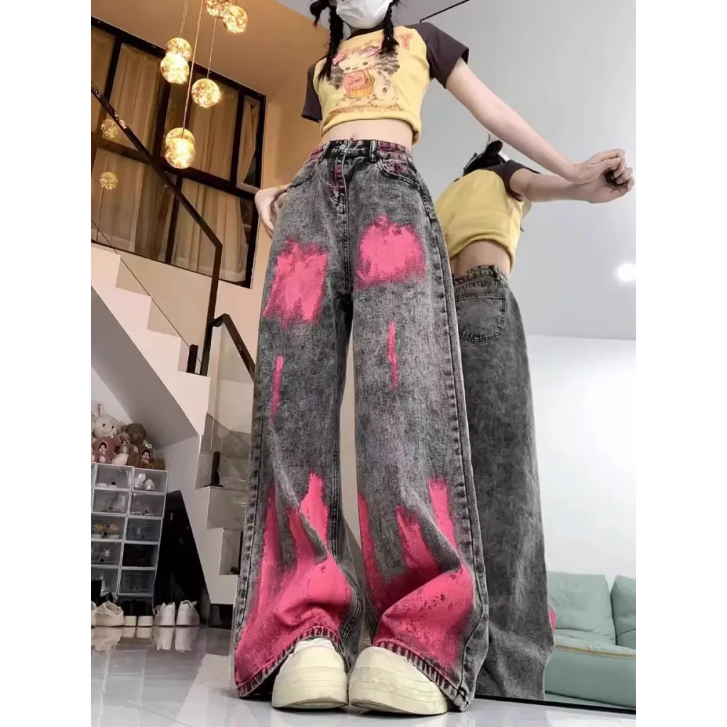 Graffiti Pink Wash Wide Leg Street Jeans - Bottoms - Jeans - 2