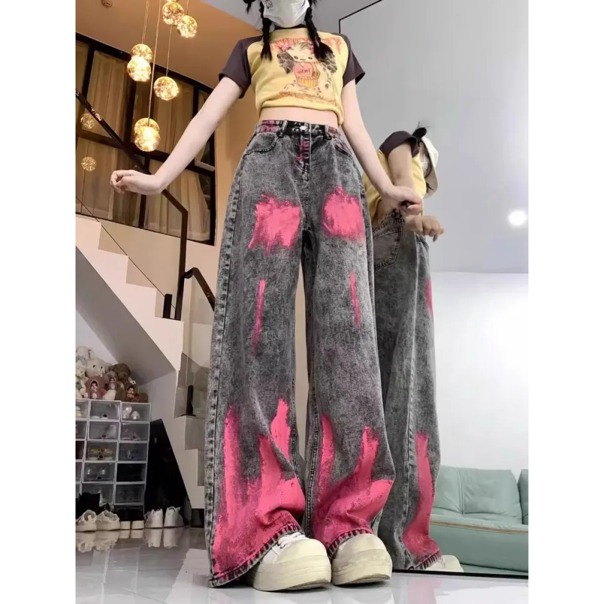 Graffiti Pink Wash Wide Leg Street Jeans - Bottoms - Jeans - 3