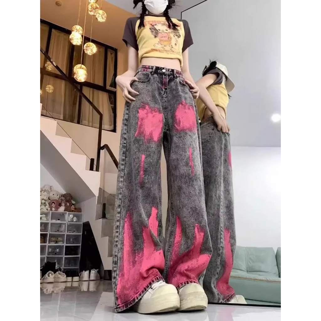 Graffiti Pink Wash Wide Leg Street Jeans - Bottoms - Jeans - 4