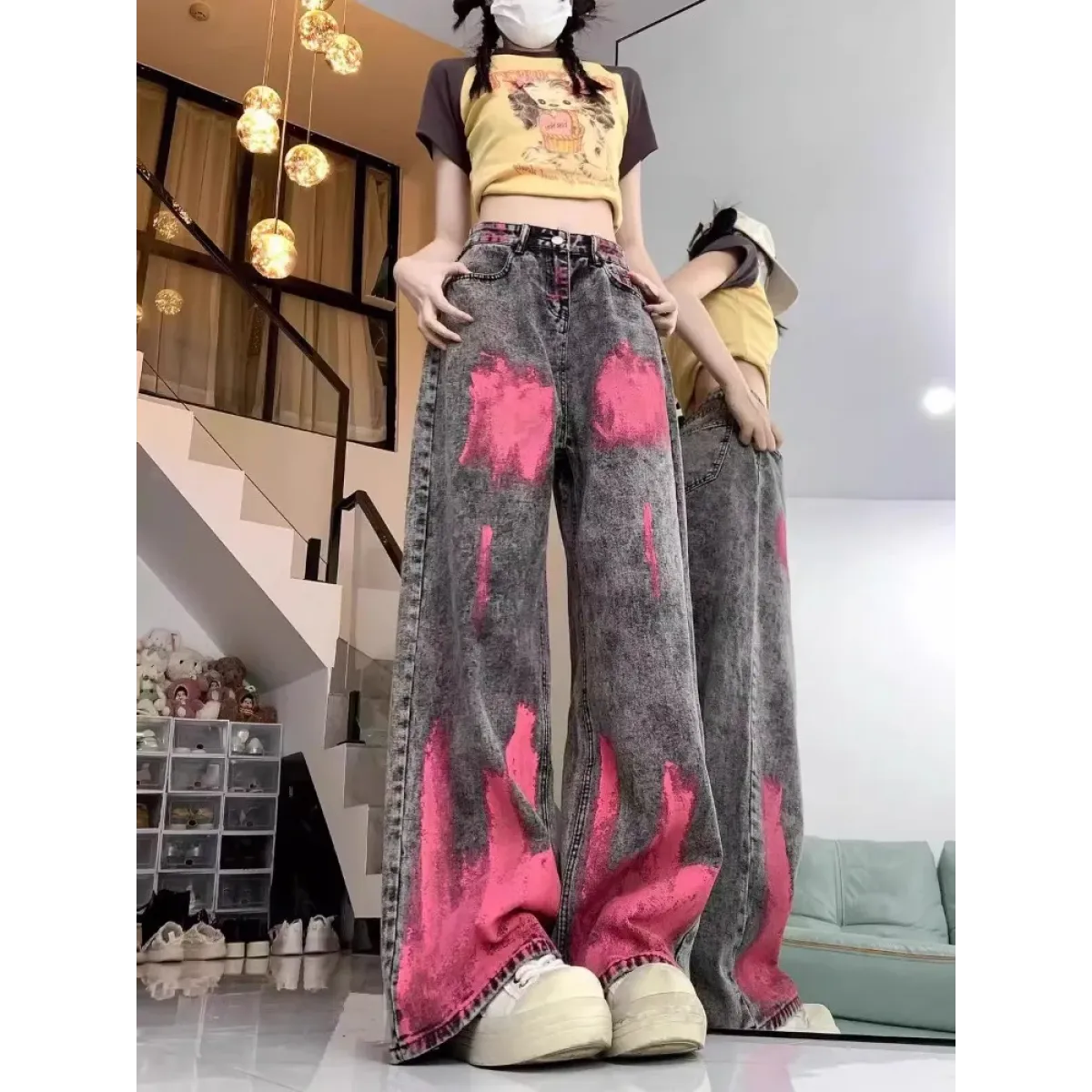 Graffiti Pink Wash Wide Leg Street Jeans - Bottoms - Jeans - 4