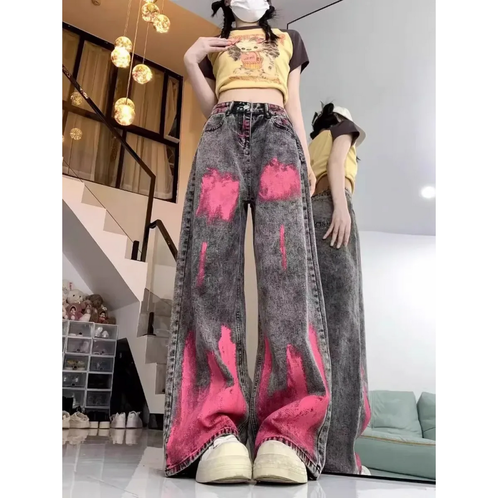Graffiti Pink Wash Wide Leg Street Jeans - Bottoms - Jeans - 5