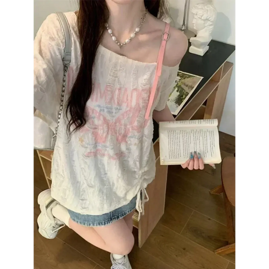 Graphic Print Y2K T-Shirt – Harajuku Vintage Aesthetic - T-Shirts - Short - Asymmetric - T-Shirts - 2