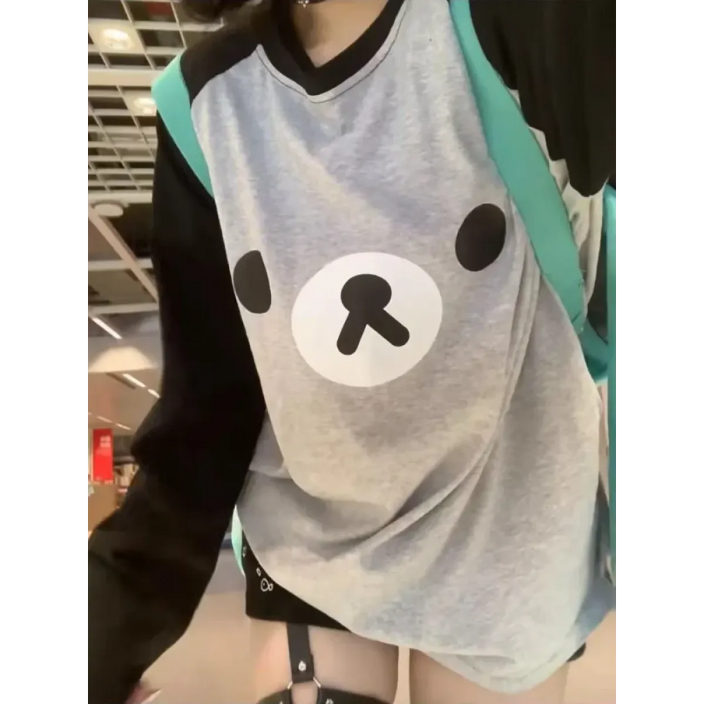 Gray Kawaii Bear Oversized T-Shirt – Harajuku Long Sleeve Top Y2K Style - T-Shirts - Long - Round - T-Shirts - 1