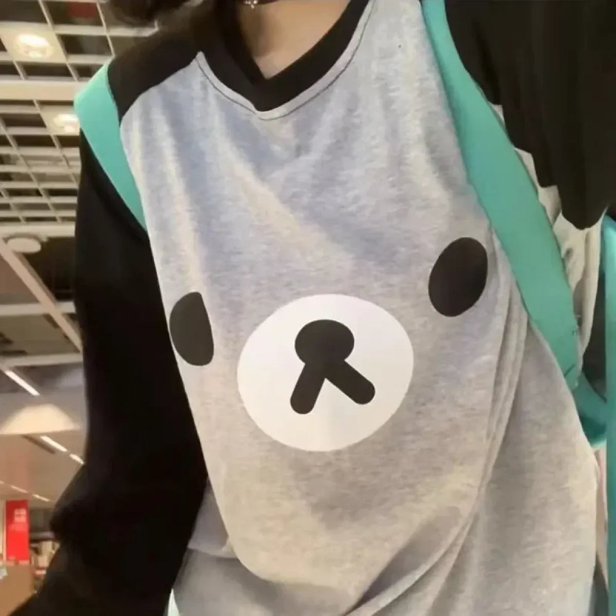 Gray Kawaii Bear Oversized T-Shirt – Harajuku Long Sleeve Top Y2K Style - T-Shirts - Long - Round - T-Shirts - 7