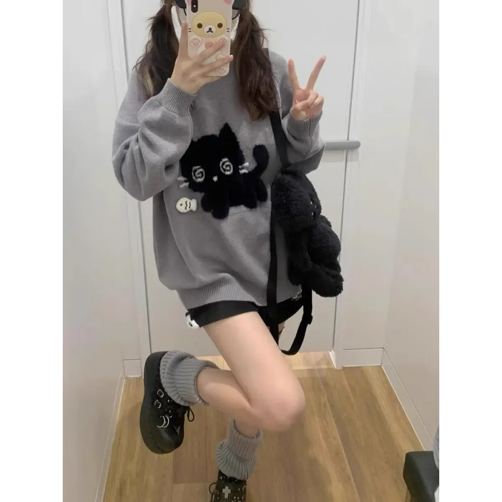 Gray Kawaii Cat Sweater Oversized Harajuku Soft Girl Pullover - Sweaters - Crew - Women’s Sweaters - 1