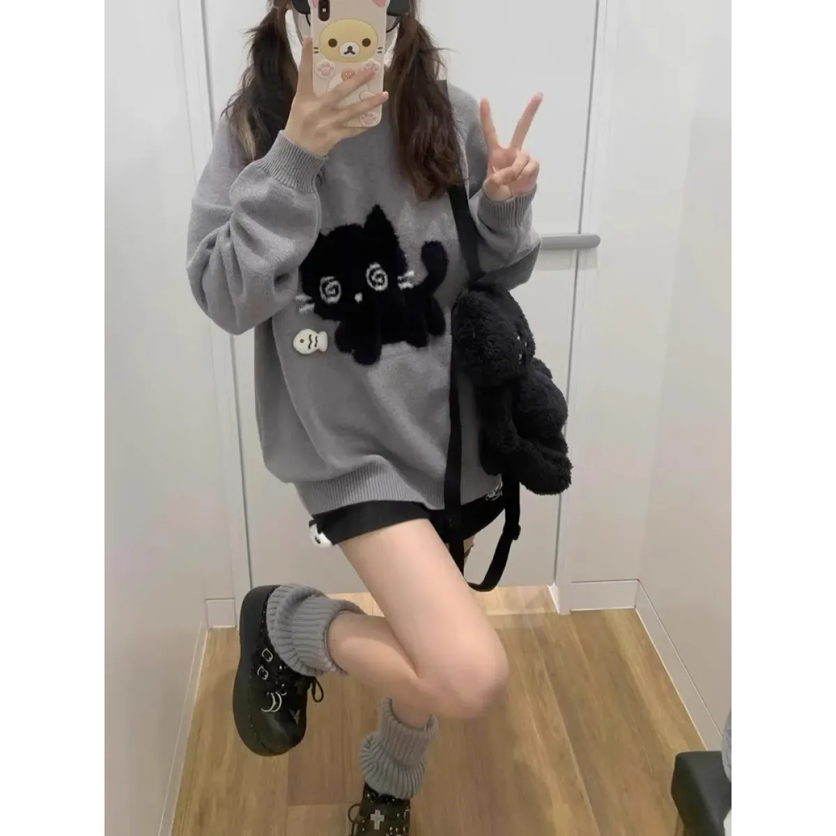 Gray Kawaii Cat Sweater Oversized Harajuku Soft Girl Pullover - Sweaters - Crew - Women’s Sweaters - 1