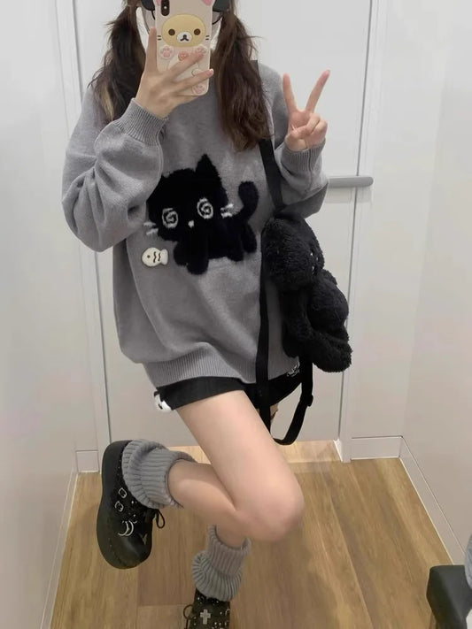 Gray Kawaii Cat Sweater Oversized Harajuku Soft Girl Pullover - Sweaters - Sweaters - 2025 - 1 - Worldwide Shipping