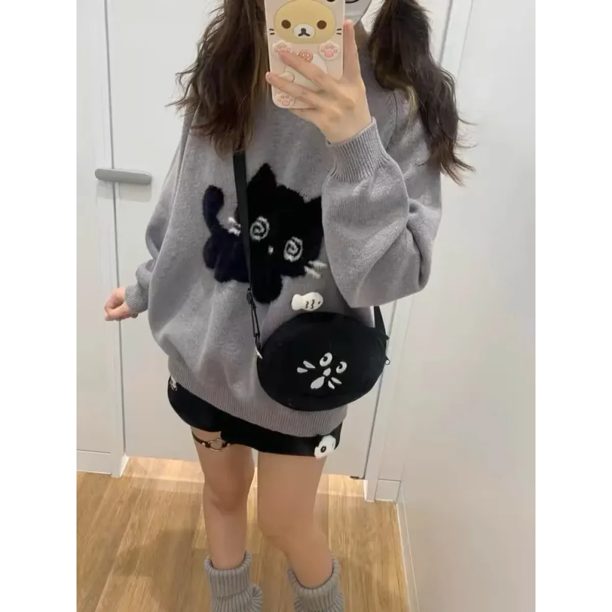 Gray Kawaii Cat Sweater Oversized Harajuku Soft Girl Pullover - Sweaters - Crew - Women’s Sweaters - 2