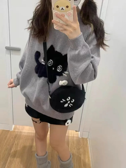 Gray Kawaii Cat Sweater Oversized Harajuku Soft Girl Pullover - Sweaters - Sweaters - 2025 - 2 - Worldwide Shipping