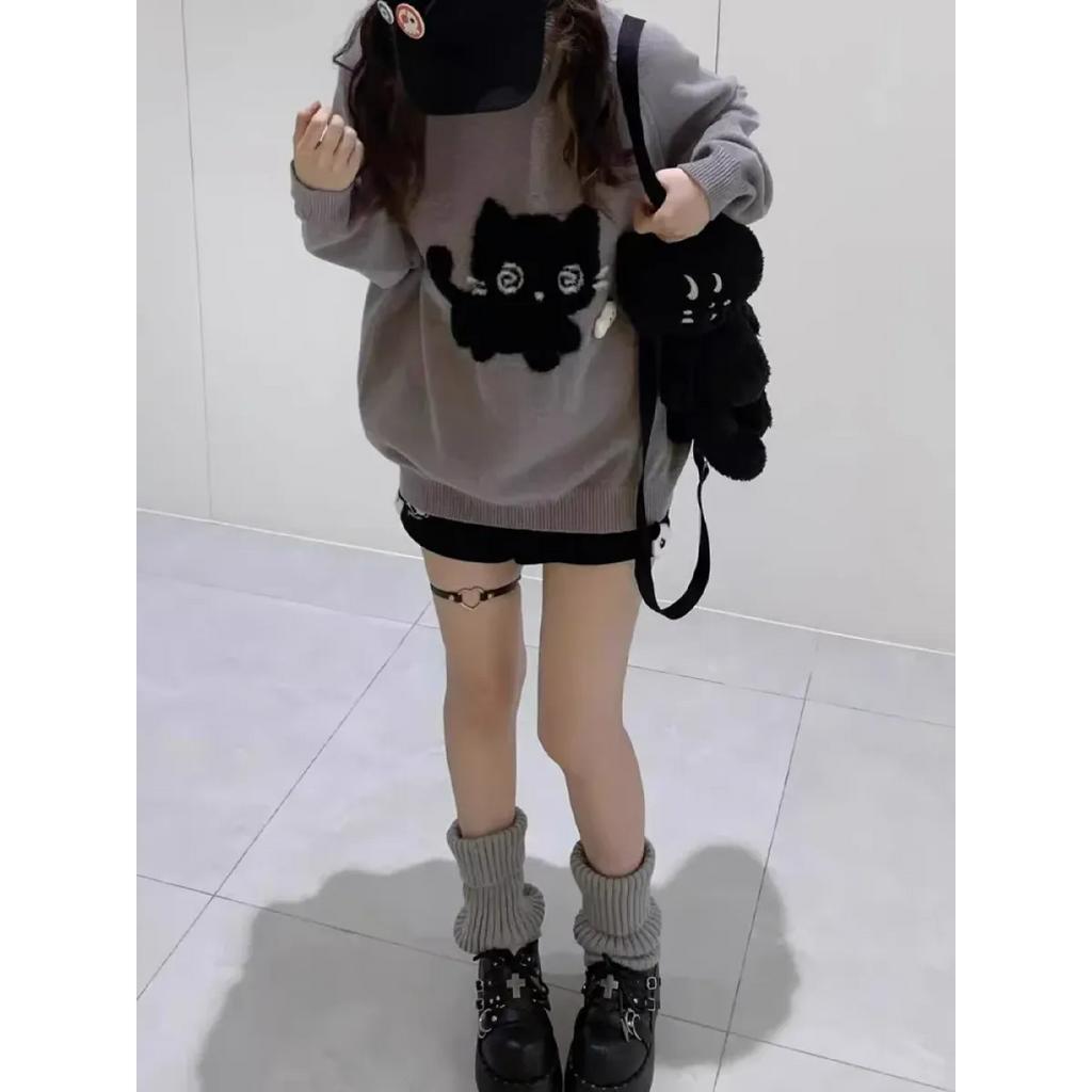 Gray Kawaii Cat Sweater Oversized Harajuku Soft Girl Pullover - Sweaters - Crew - Women’s Sweaters - 4