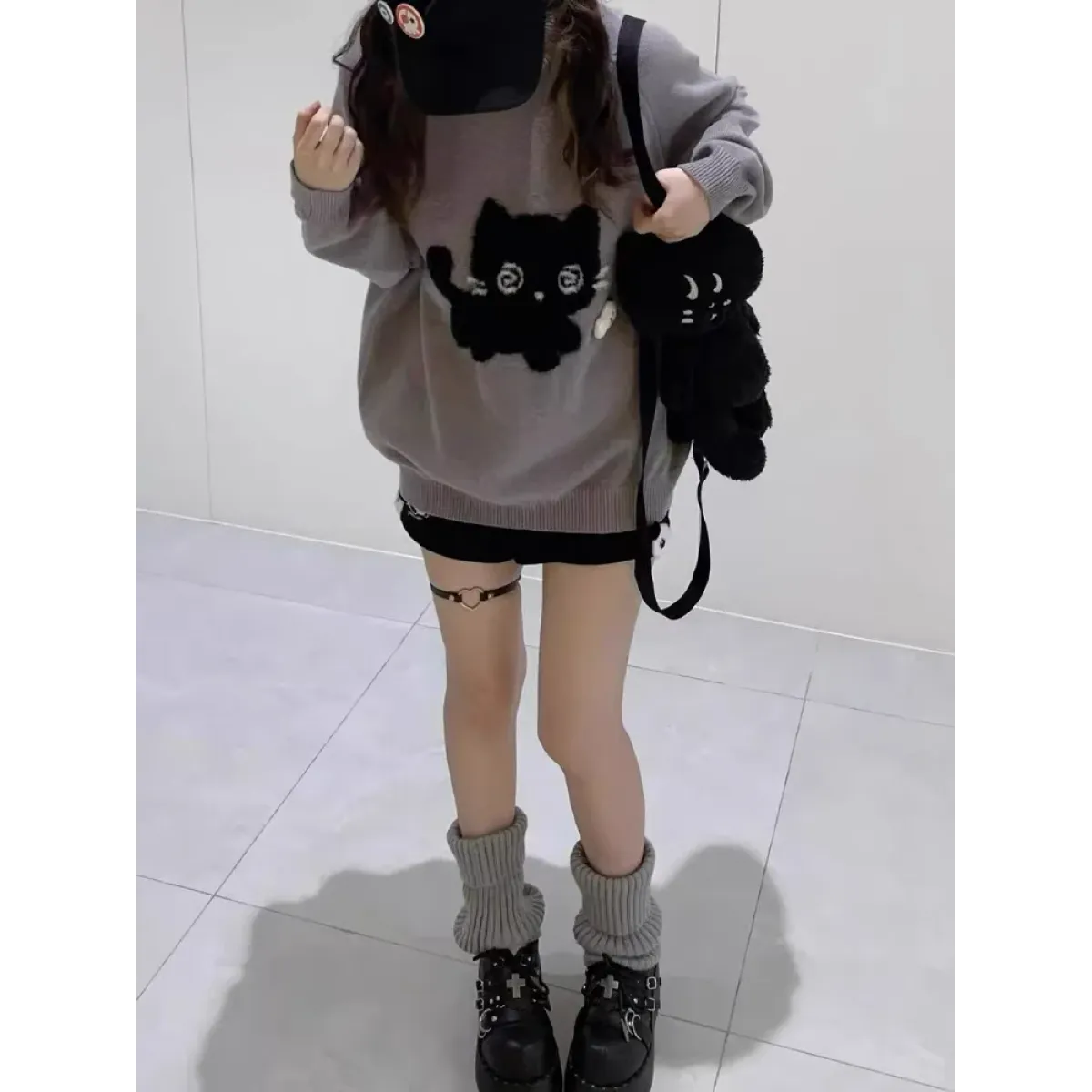 Gray Kawaii Cat Sweater Oversized Harajuku Soft Girl Pullover - Sweaters - Crew - Women’s Sweaters - 4