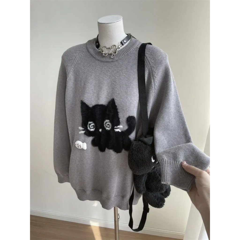 Gray Kawaii Cat Sweater Oversized Harajuku Soft Girl Pullover - Sweaters - Crew - Women’s Sweaters - 5