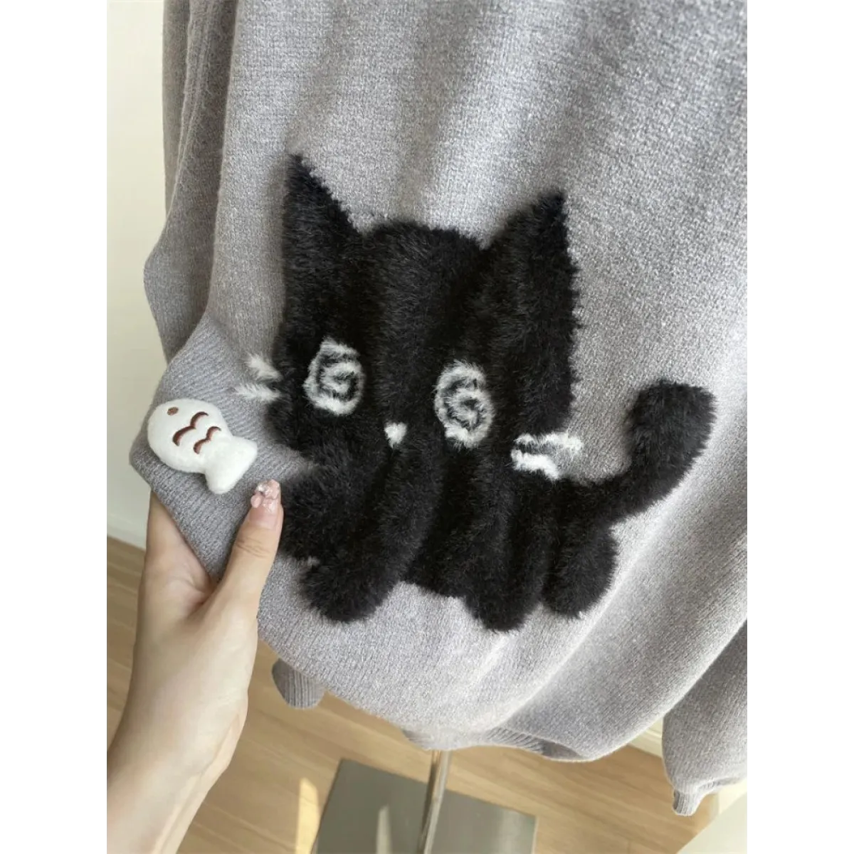 Gray Kawaii Cat Sweater Oversized Harajuku Soft Girl Pullover - Sweaters - Crew - Women’s Sweaters - 6